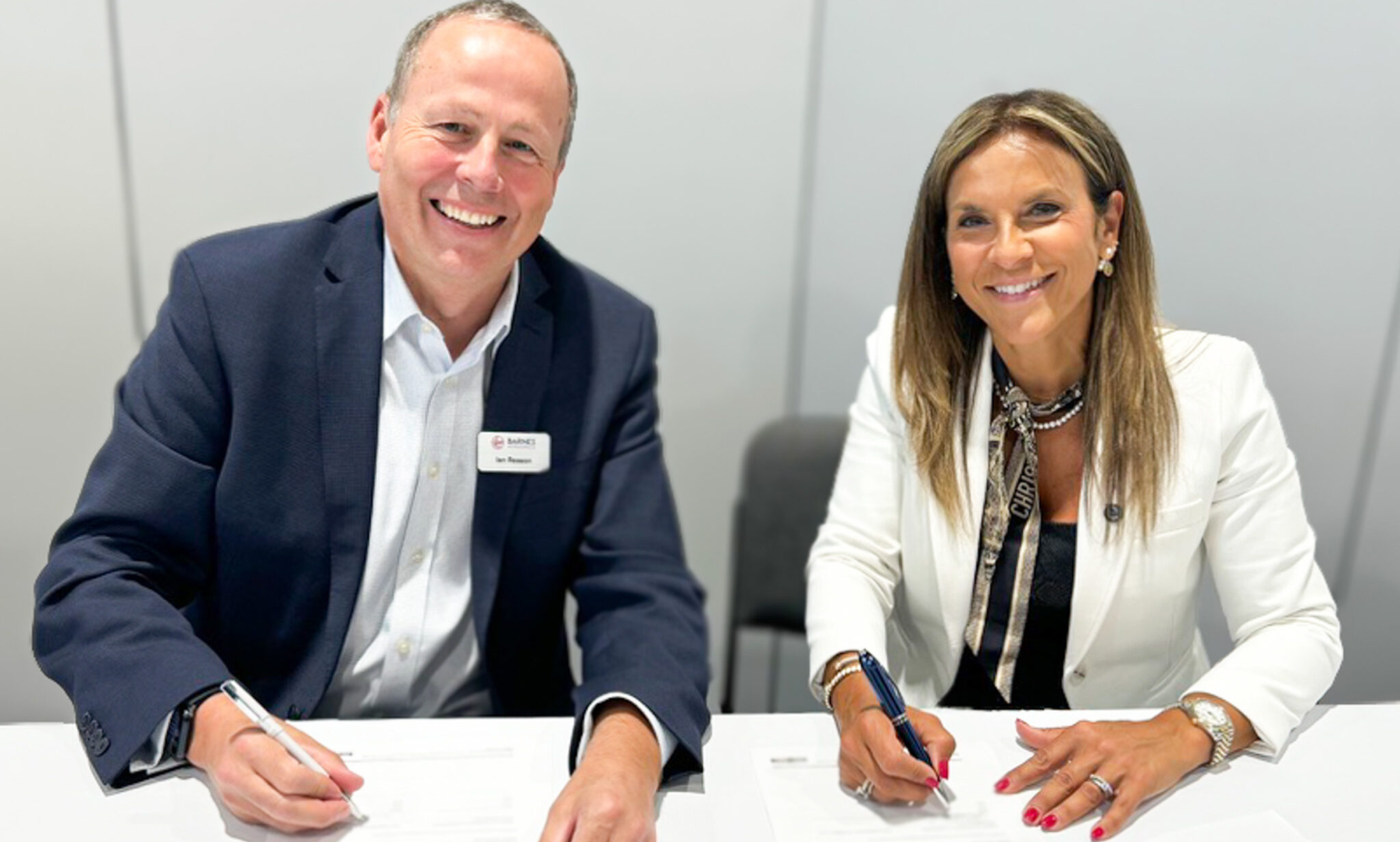 Signing the long-term agreement are Ian Reason, Senior Vice President of Barnes and President of Barnes Aerospace and Irene Makris, Vice President, CustomeBarnes Aerospace and RTX’s Pratt Whitney Canada Sign Long Term Agreement for Aerospace Engine Component Repair r Service, Pratt Whitney Canada.